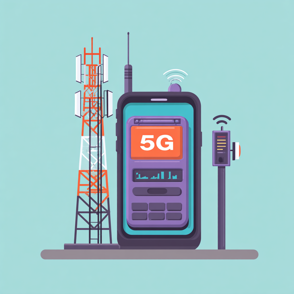 Eine große Mobilfunk-Antennenturm neben einem riesigen Smartphone auf dessen Bildschirm "5G" in leuchtendem Orange angezeigt wird.