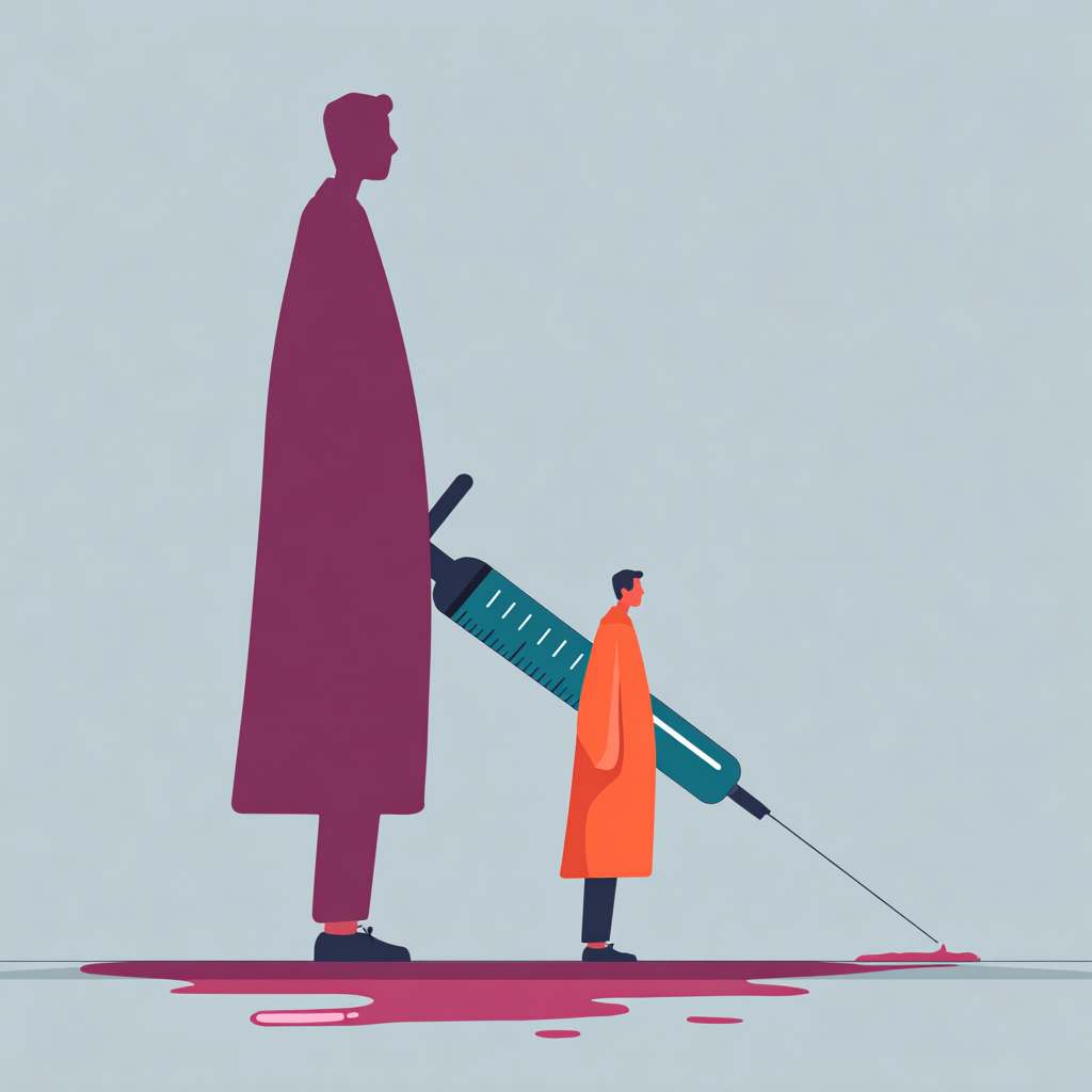 Hinter einer Person in einem langen Mantel, steht seine riesen Silhouette die ein große Spritze in der Hand hält.