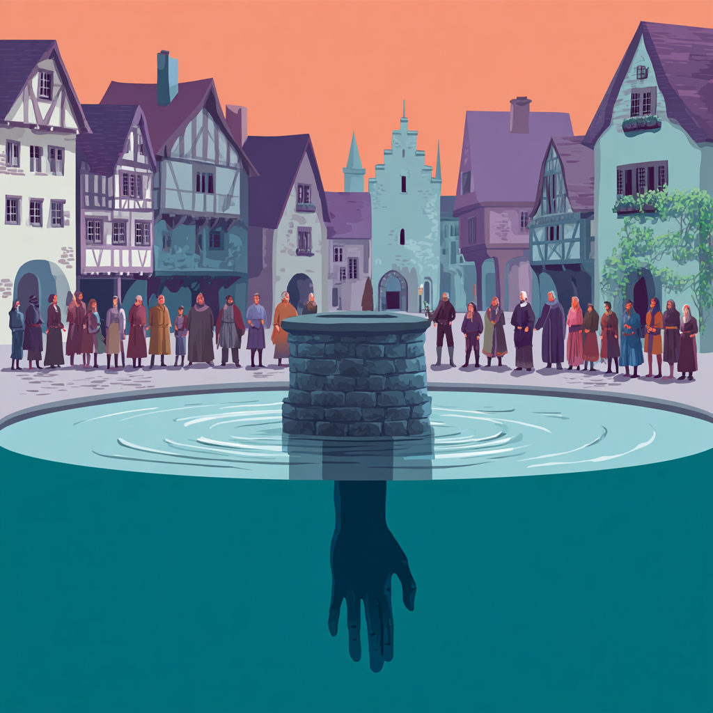 Vor einer Kulisse eines mittelalterlichen Dorfes versammeln sich mehrere Personen in historischen Gewändern um einen steinernen Brunnen, in dessen Tiefen eine einzelne Hand nach unten greift.