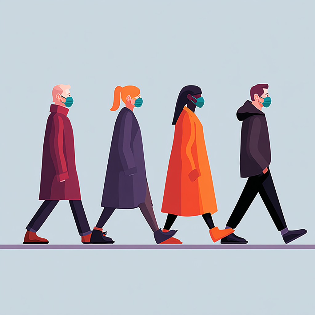 Vier Personen mit Mund-Nasen-Maske gehen in einer Reihe.