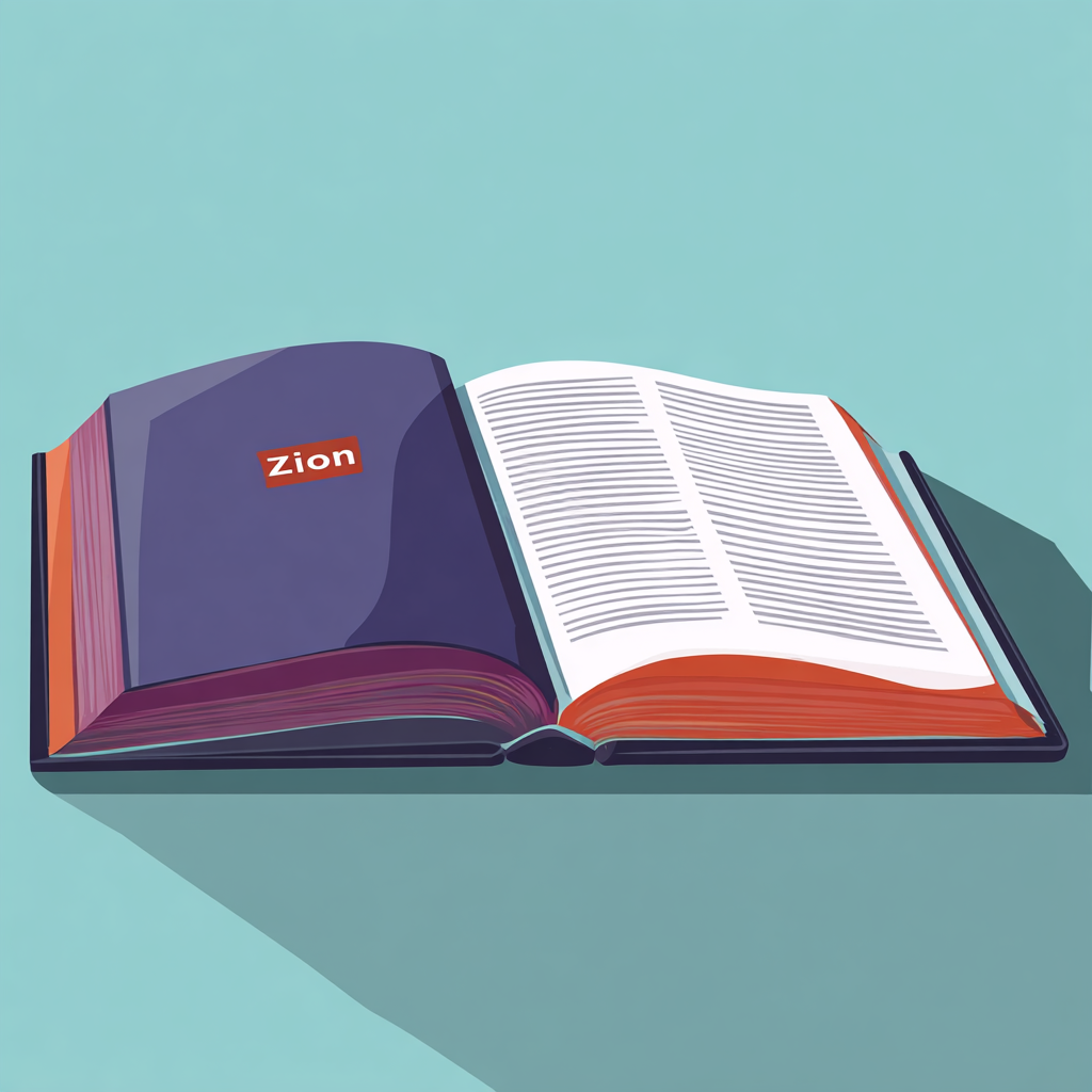 Ein geöffnetes Buch mit dem Wort "Zion" auf der linken und viel Text auf der rechten Seite.