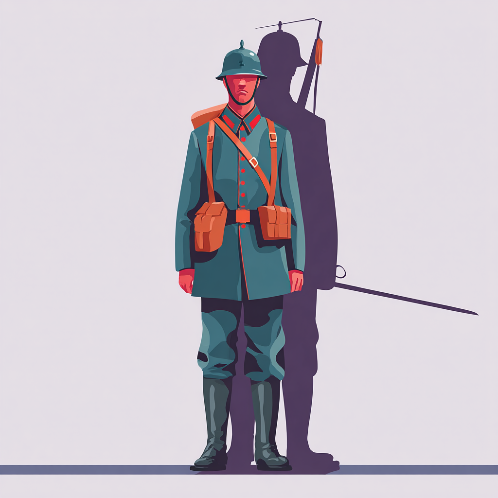 Ein Soldat des ersten Weltkriegs mit einer Schatten-Silhouette, die einen langen Dolch in der Hand hält.