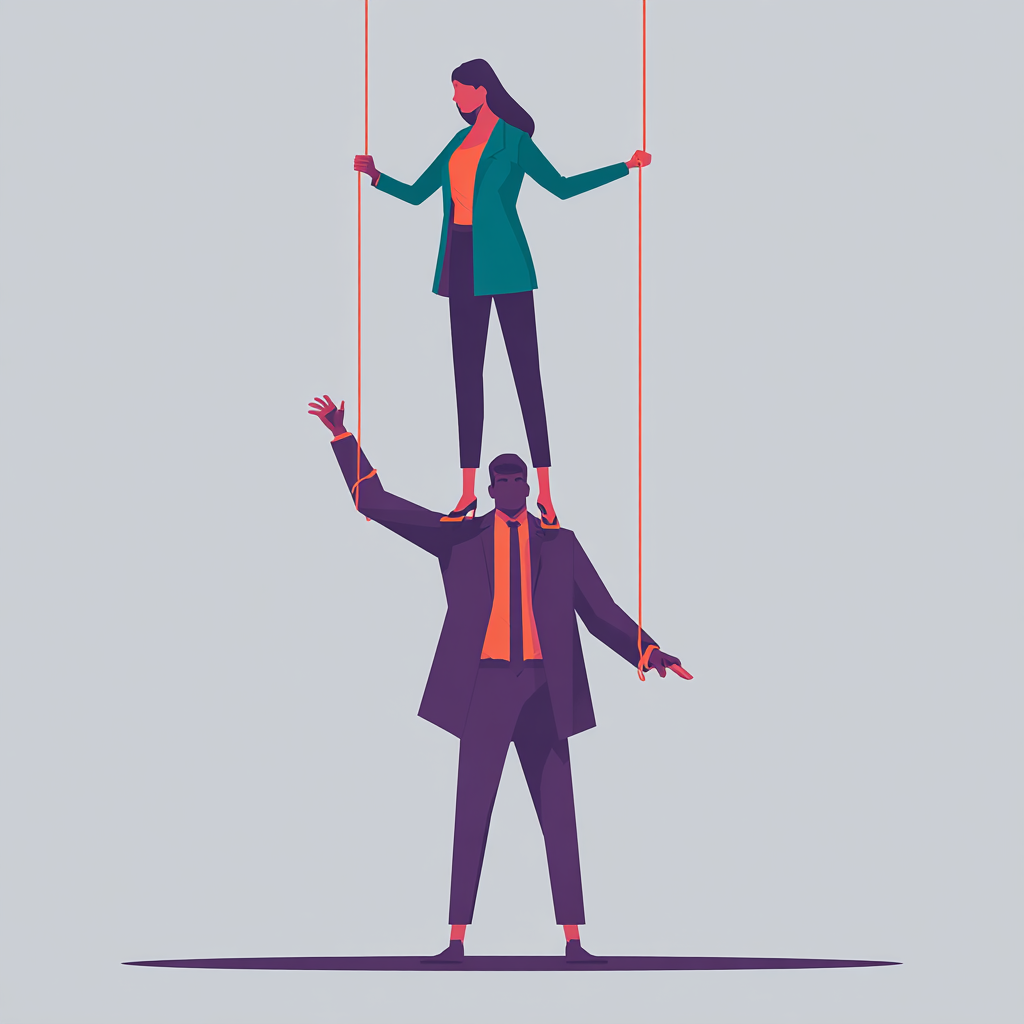 Eine Frau steht auf den Schultern eines Mannes, der von ihr mit Fäden kontrolliert wird.