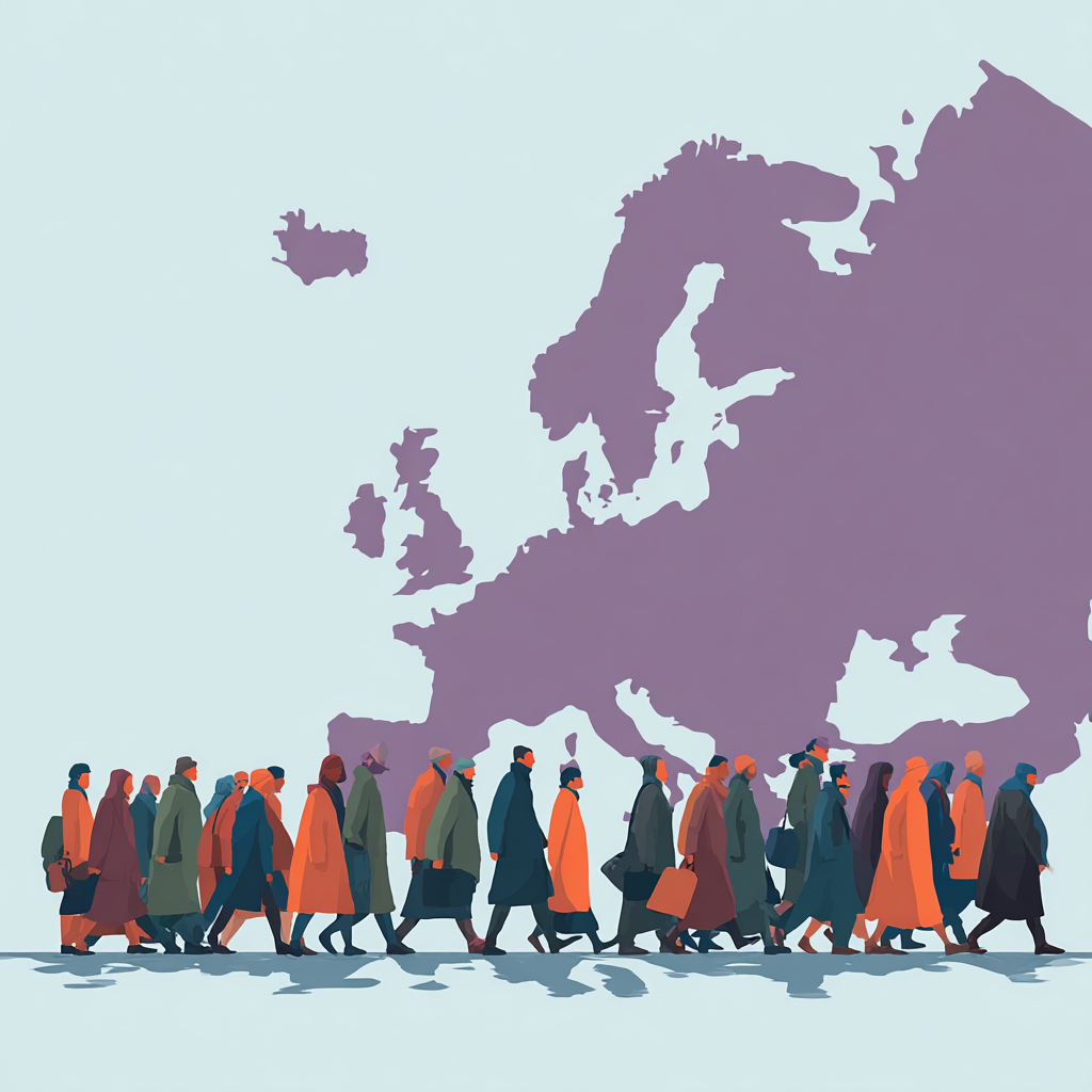 Eine Karte von Europa im Hintergrund, über der eine Reihe von schematisch dargestellten Personen laufen.