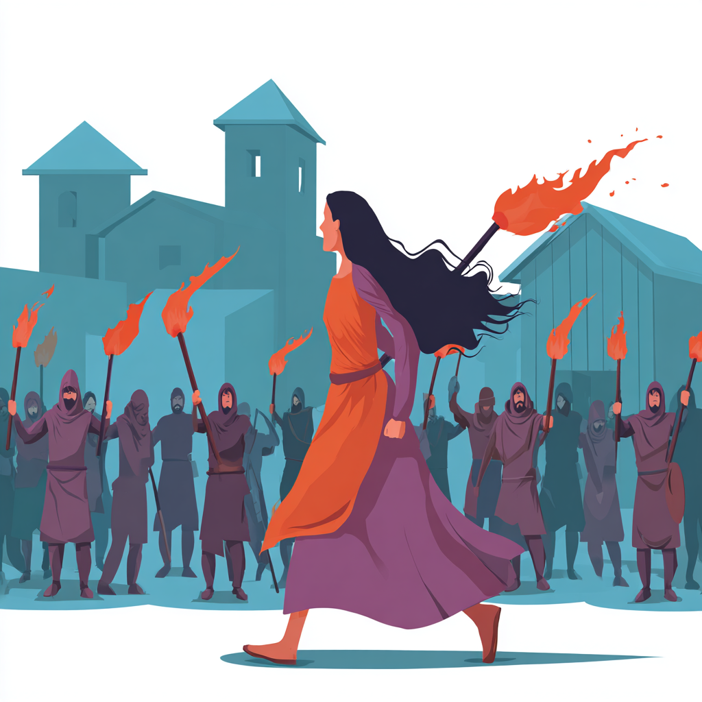 Eine Frau mit langen Haaren rennt vor einer Menschenmeute mit Fackeln davon.