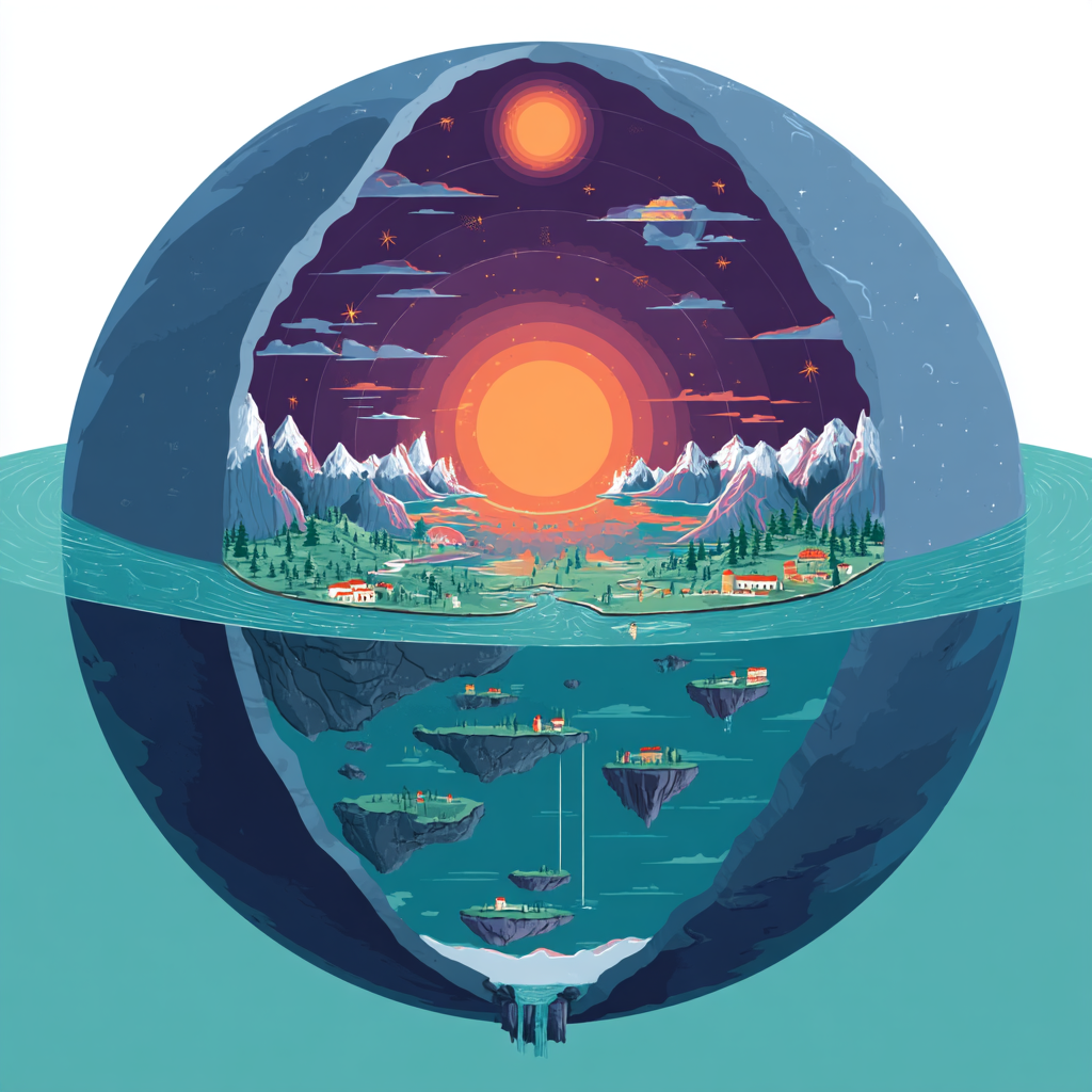 Darstellung einer Hohlerde, die im Inneren eine Landschaft mit Himmel, Bergen, Bäumen und kleinen Gebäuden verbirgt.