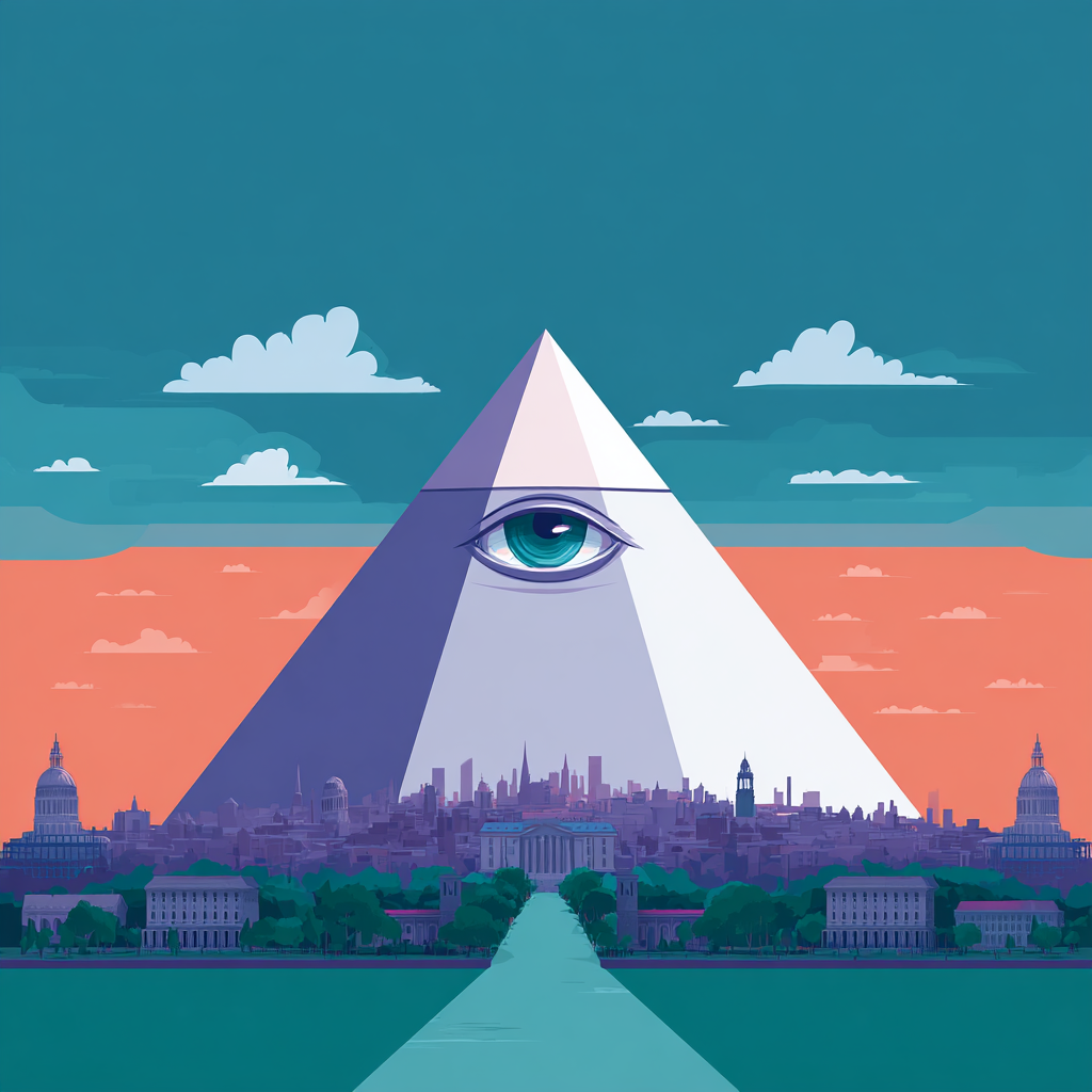 Zentrale Pyramide mit einem Auge über einem großstädtischen Panorama.