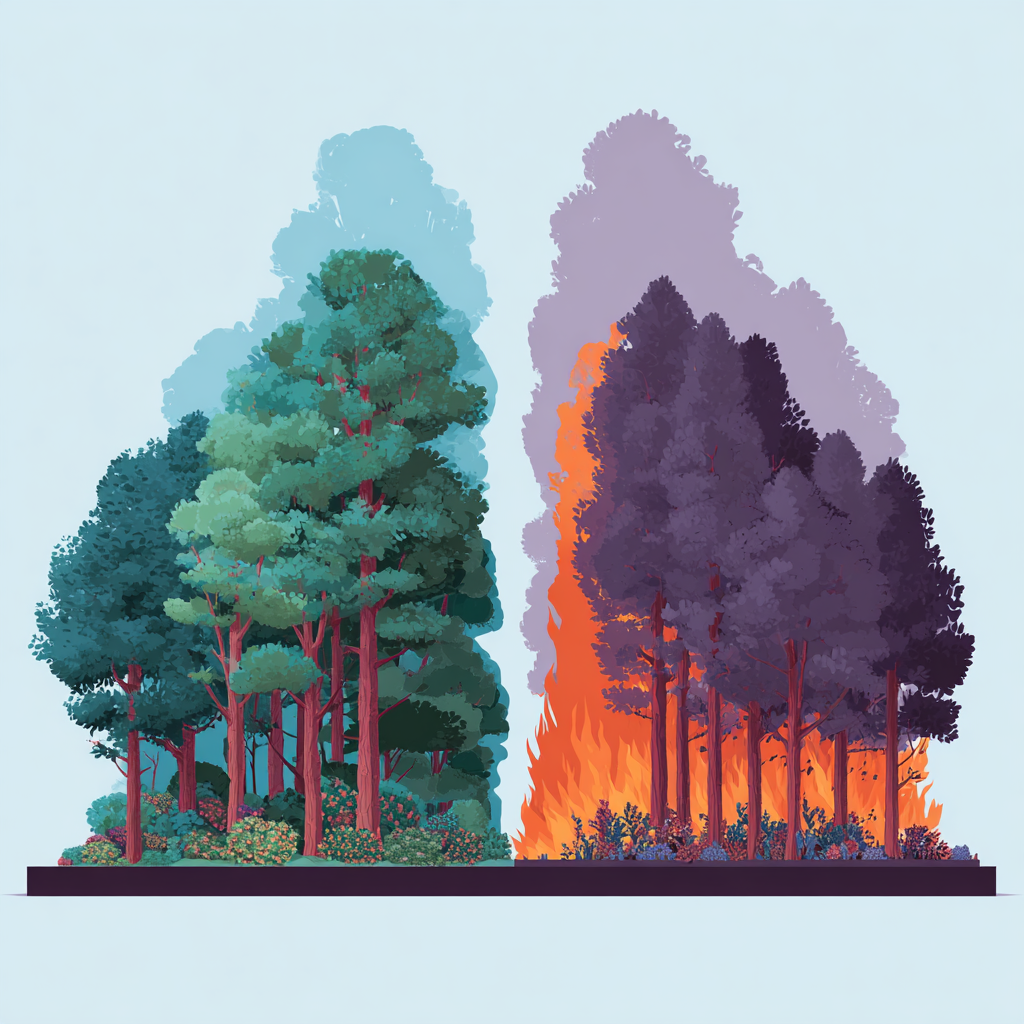 Eine Seite des Bildes zeigt einen gesunden Wald mit Bäumen, die andere Seite zeigt denselben Wald, aber mit brennenden Bäumen.