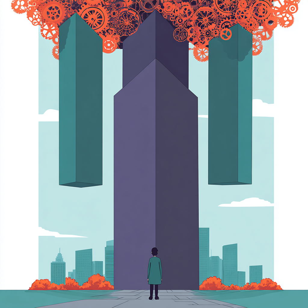 Eine Person steht auf einem Weg, der auf drei übergroße, blockartige Strukturen zuläuft über welchen eine Ansammlung von zahlreichen Zahnrädern und mechanischen Elementen zu sehen ist.