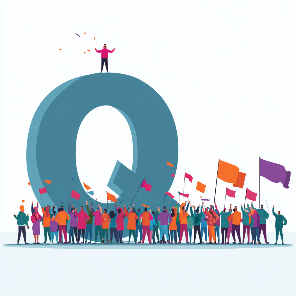 Ein großes, 3D-stylisiertes "Q" auf dessen oberer Kurve eine Person steht, die von einer große menschengruppe gefeiert wird.
