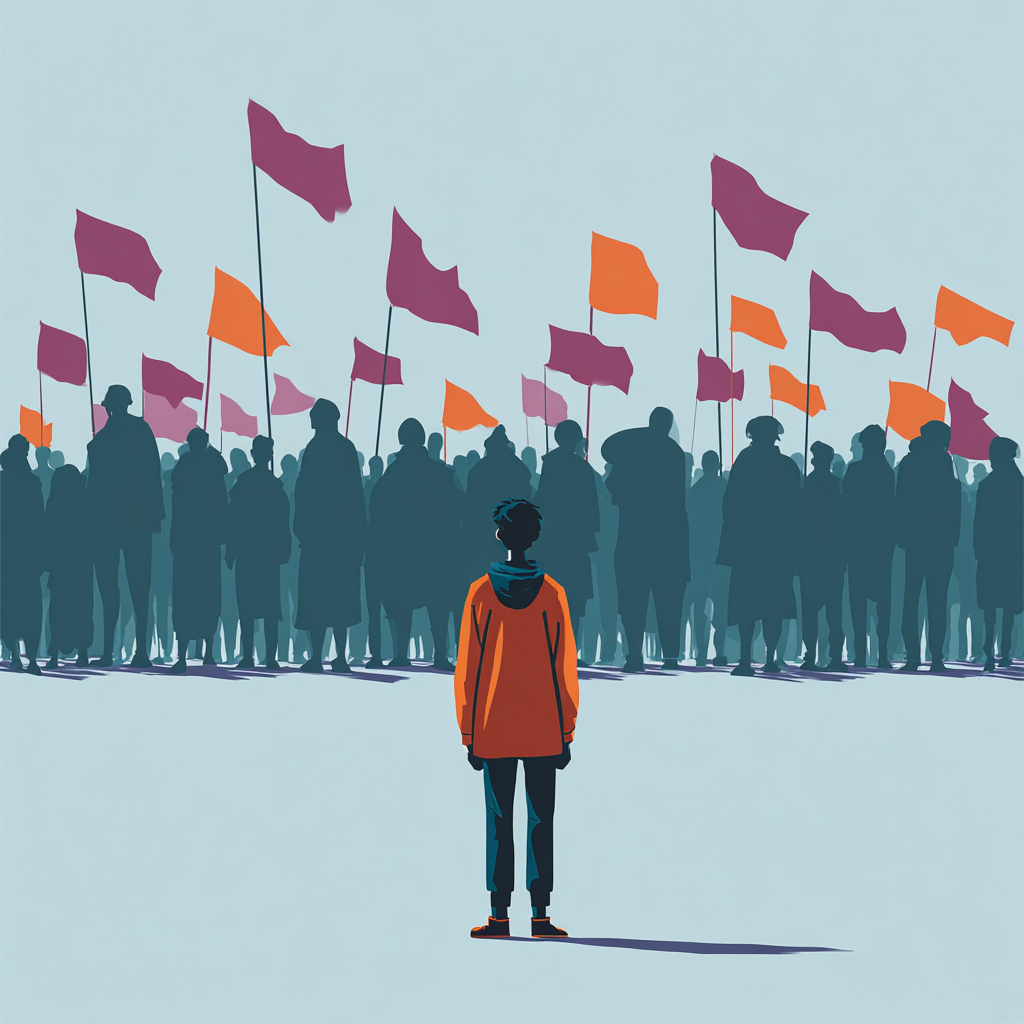 Eine Person vor einer große Gruppe von Menschen, als dunkle Silhouetten dargestellt, die rötliche Fahnen hochhalten.