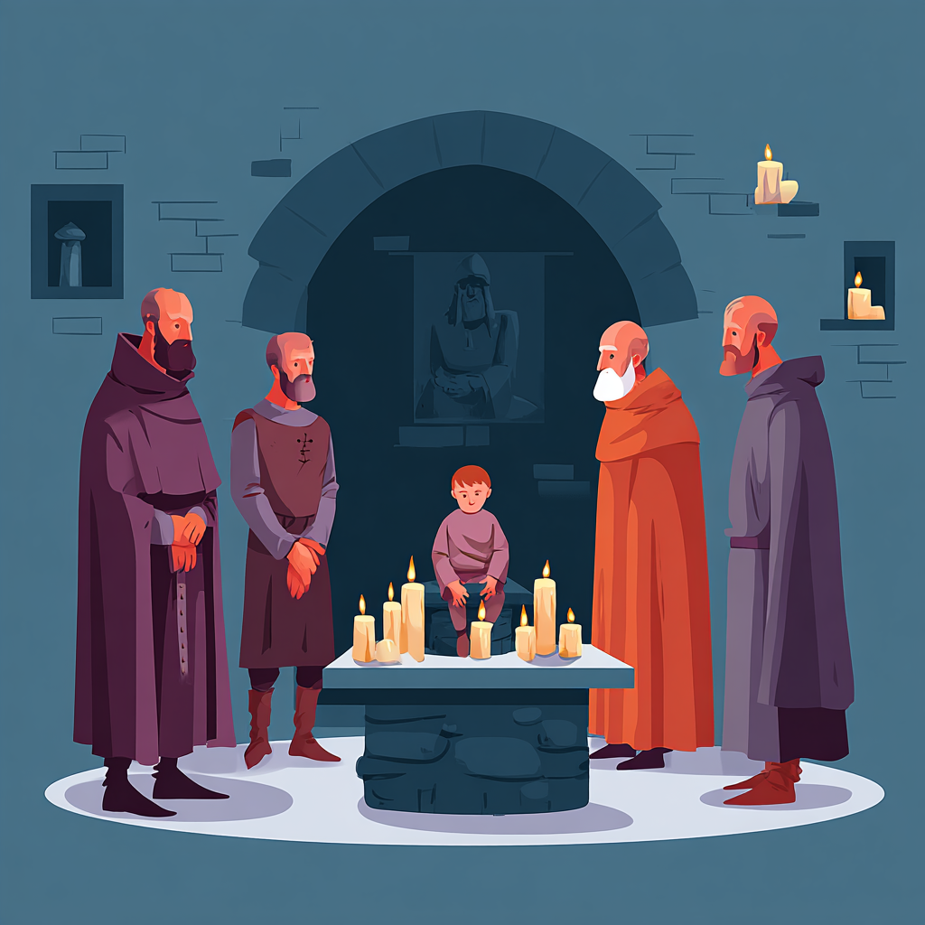 Vier Männer in Kapuzenroben umringen einen niedrigen, steinernen Altar, auf dem ein kleines Kind von zahlreichen brennenden Kerzen umgeben sitzt.