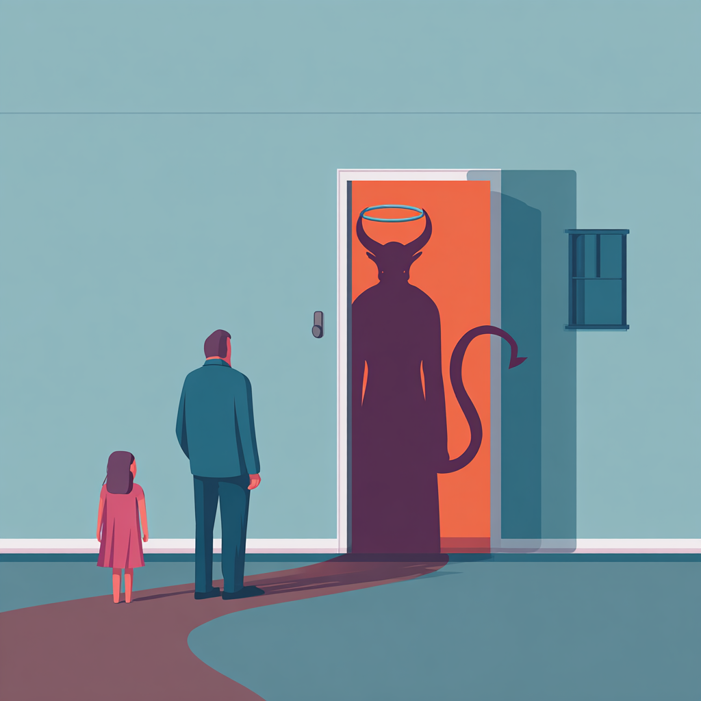 Ein Mann steht mit einem kleinen Mädchen vor einer offenen Tür, in der die Silhouette Satans steht.