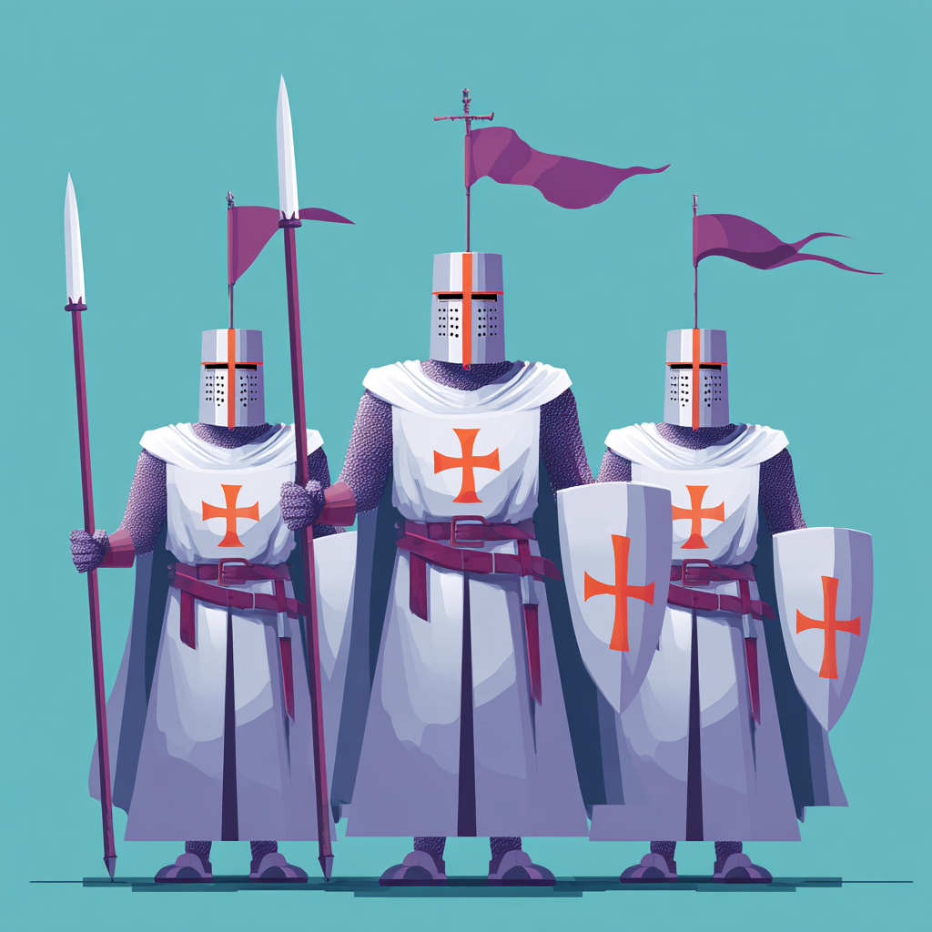 Drei Tempelritter in weißen Umhängen mit prominentenroten Kreuzen, Kettenhemden, Schildern und rechteckige Helme mit Sehschlitzen.